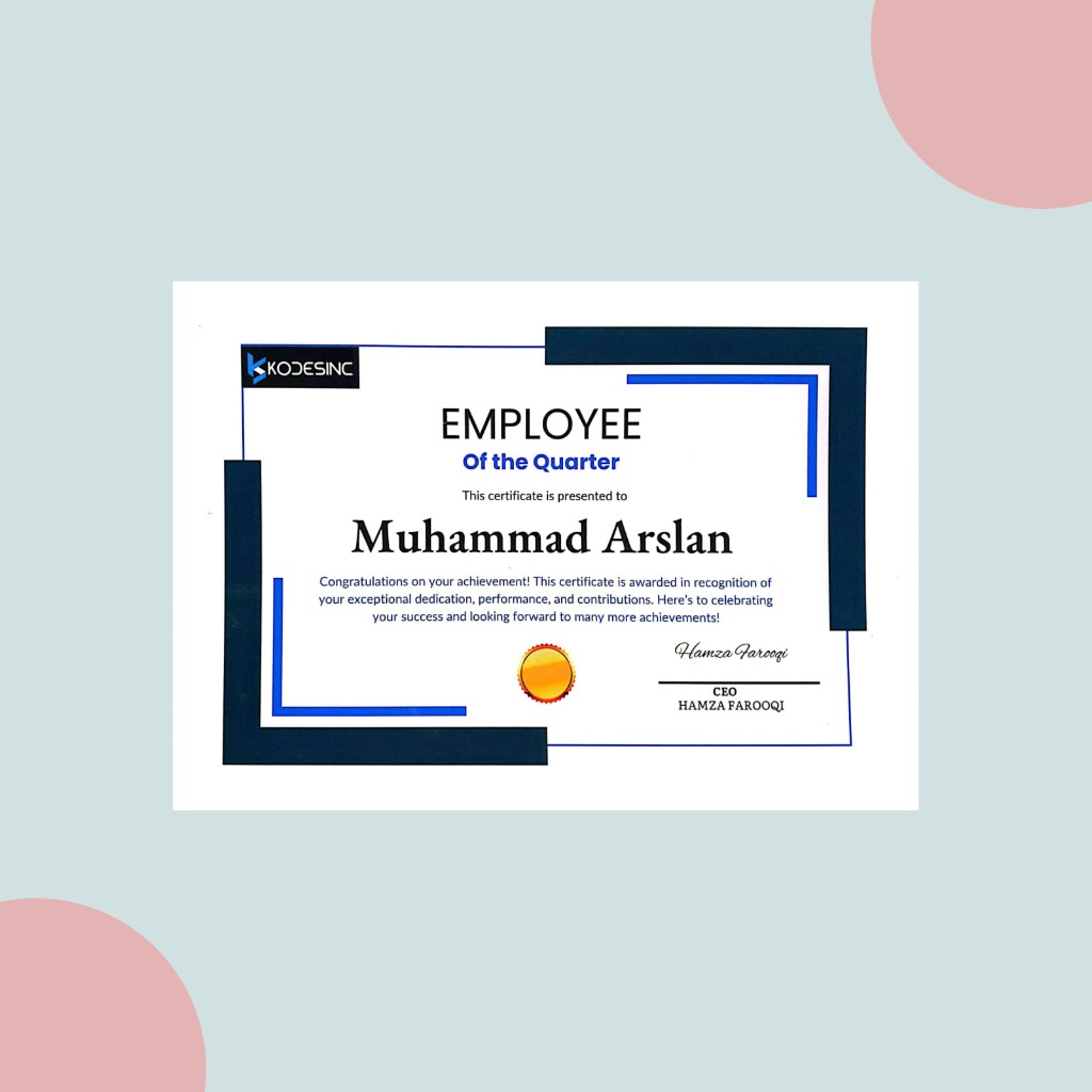 Kodesinc Employee of the Quarter certificate for Muhammad Arslan