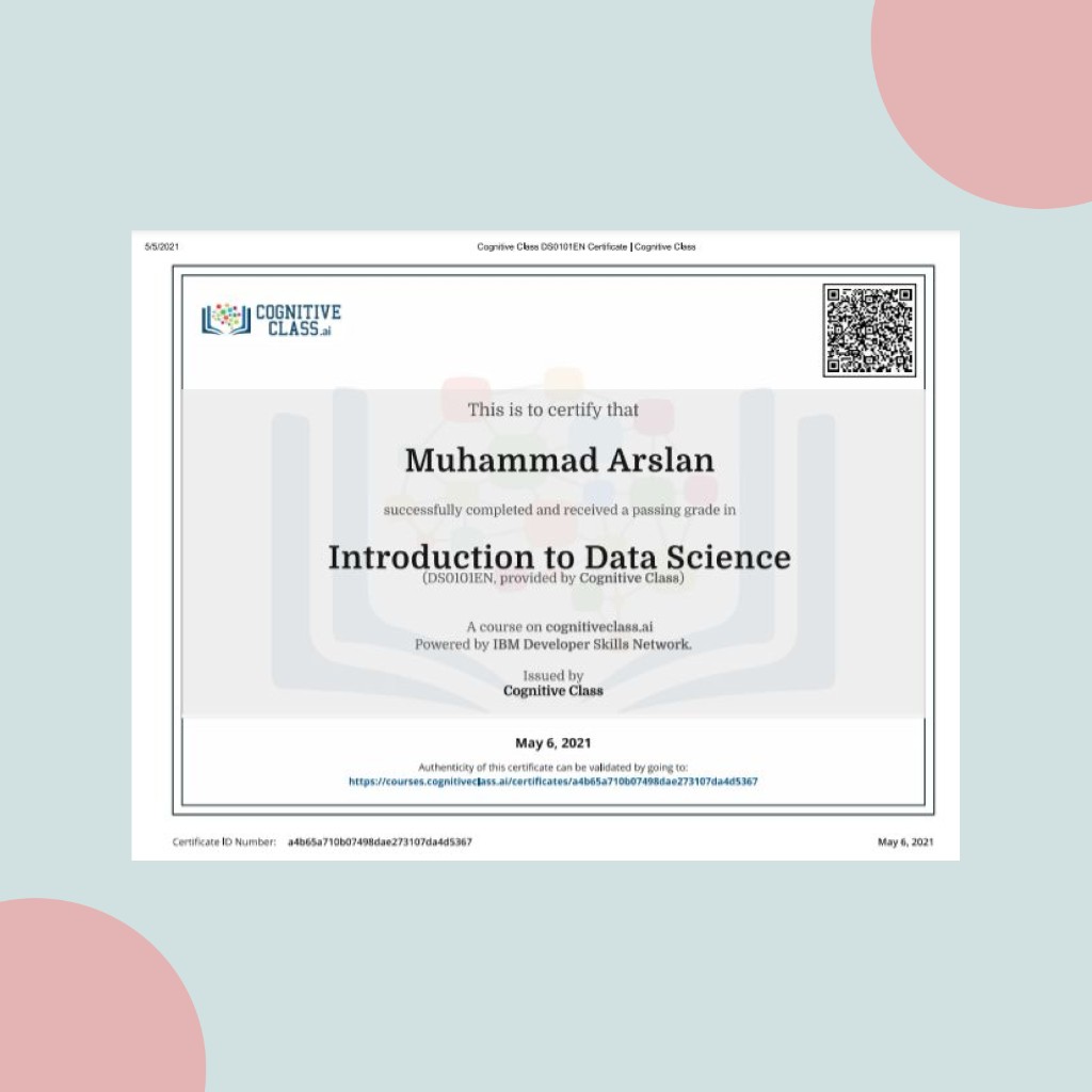 Certificate: Introduction to Data Science (IBM Cognitive Class)